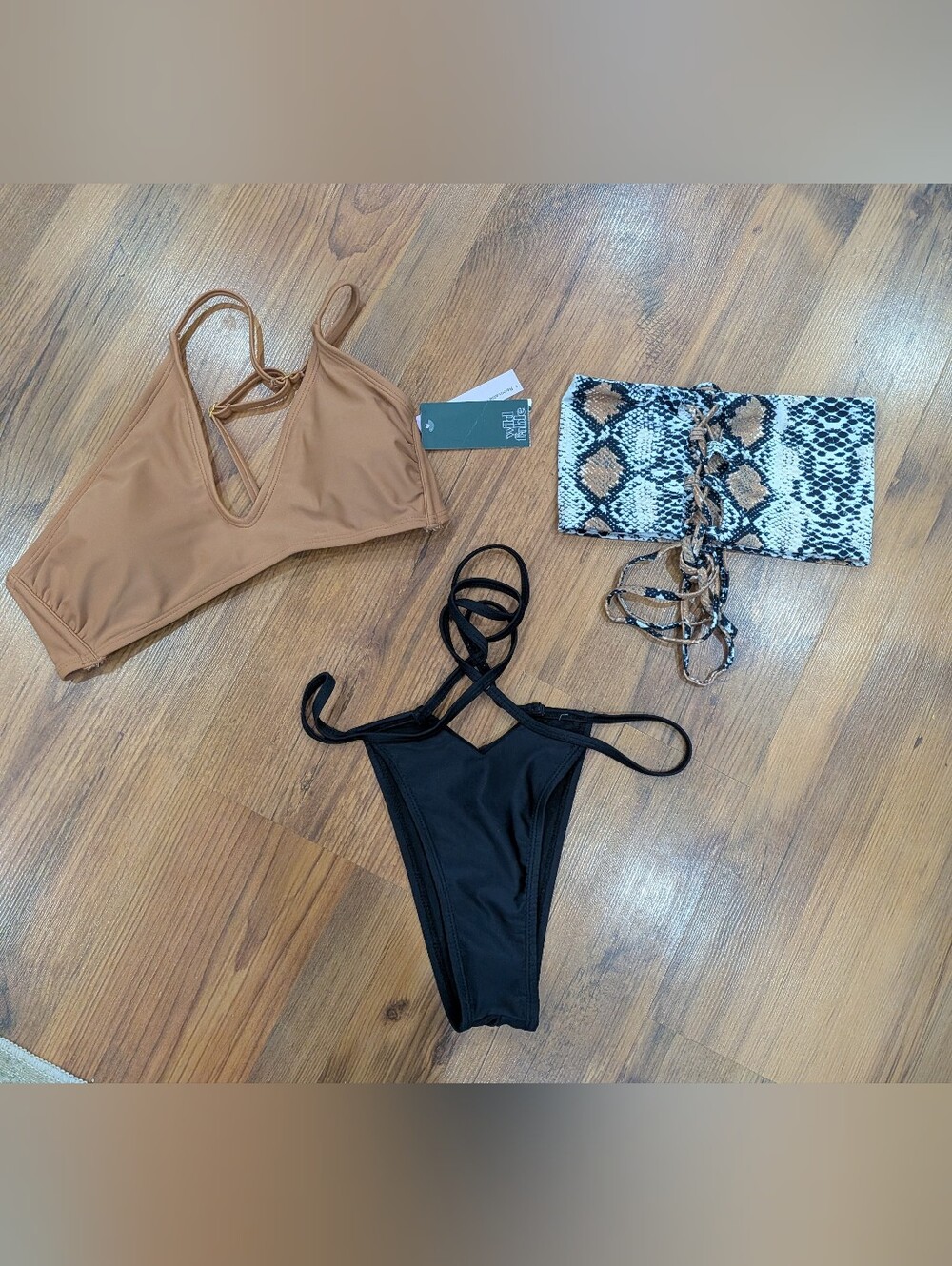 Set Of Strappy Black Bikini Bottom with Tan Triangle Swim Top - Unbranded